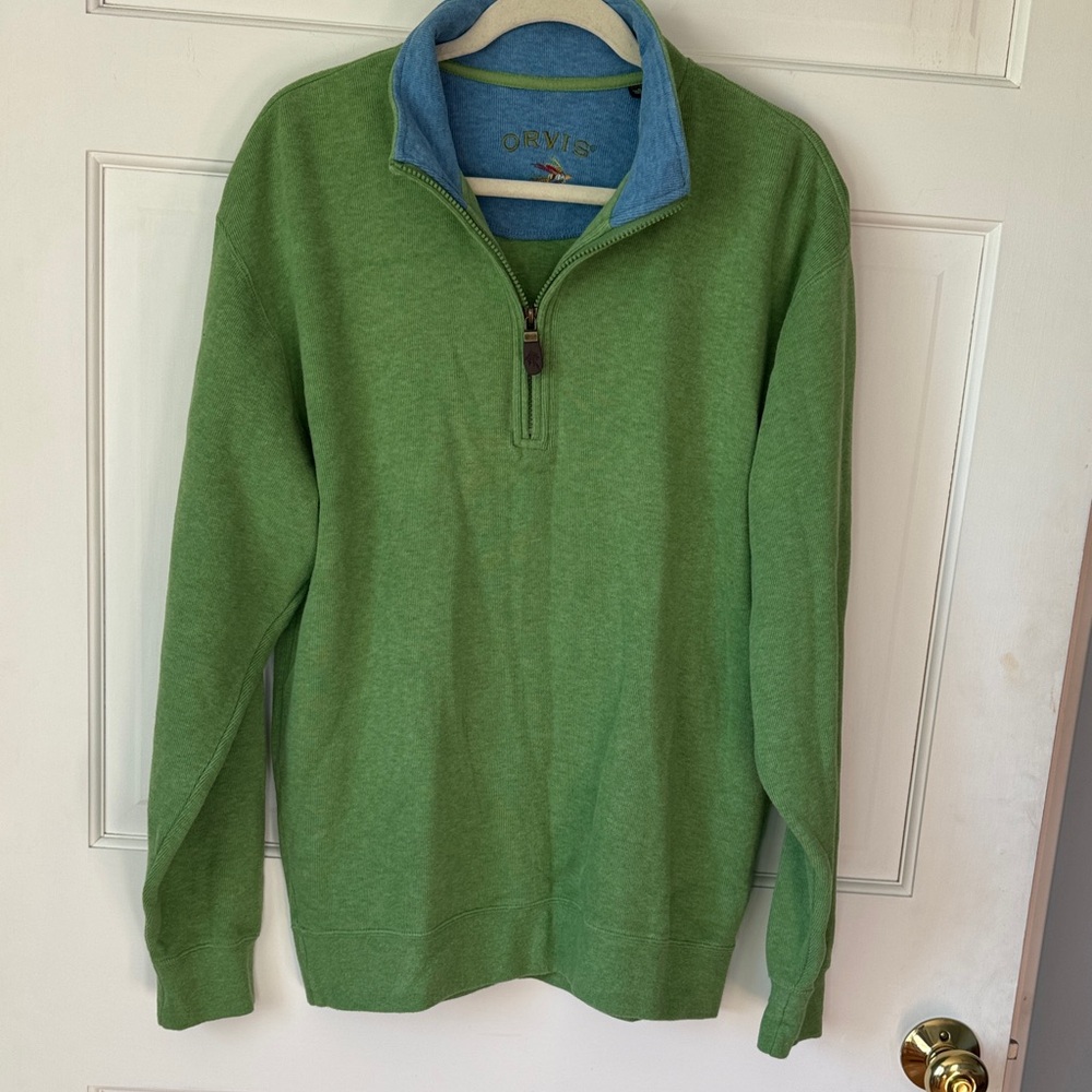 Orvis Men's Green Quarter Zip Sweater with Blue Collar
